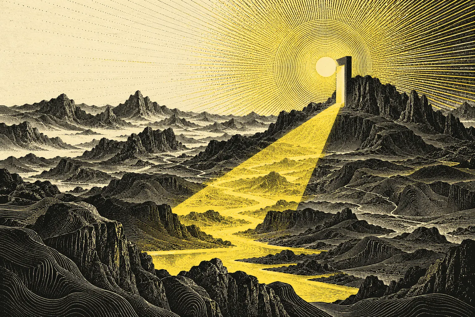 An engraved landscape crossed by a bright winding path, from the Spark website.